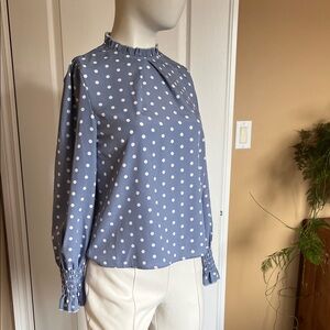 SHEIN Blue Polka Dot Ruffle-Neck Long Sleeve Blouse